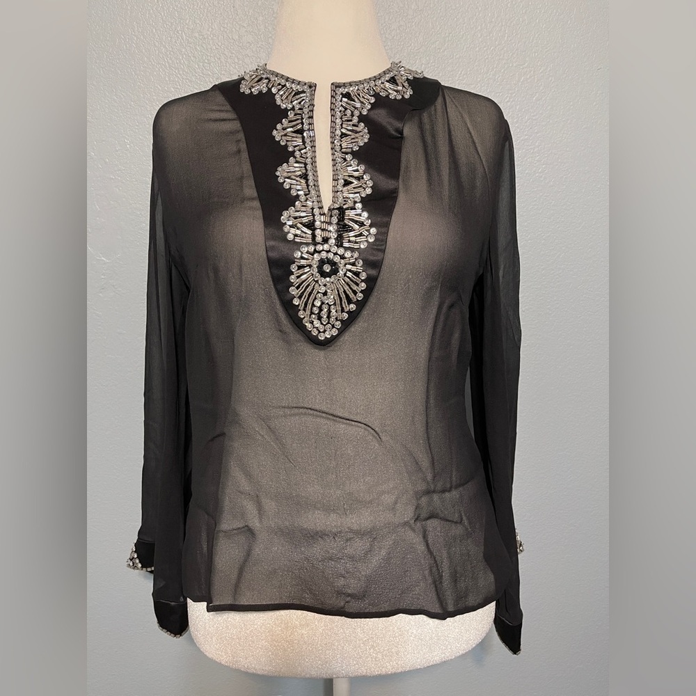 Tadashi Shoji Black Embellished Beaded Blouse Silver Accents Evening Glam XS